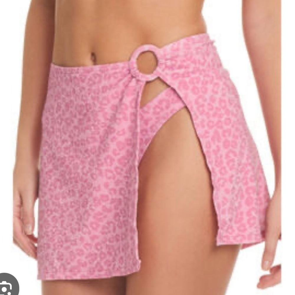 Jessica Simpson NWT M Pink LEOPARD SPARKLY O-RING split thigh sexy Swim Skirt